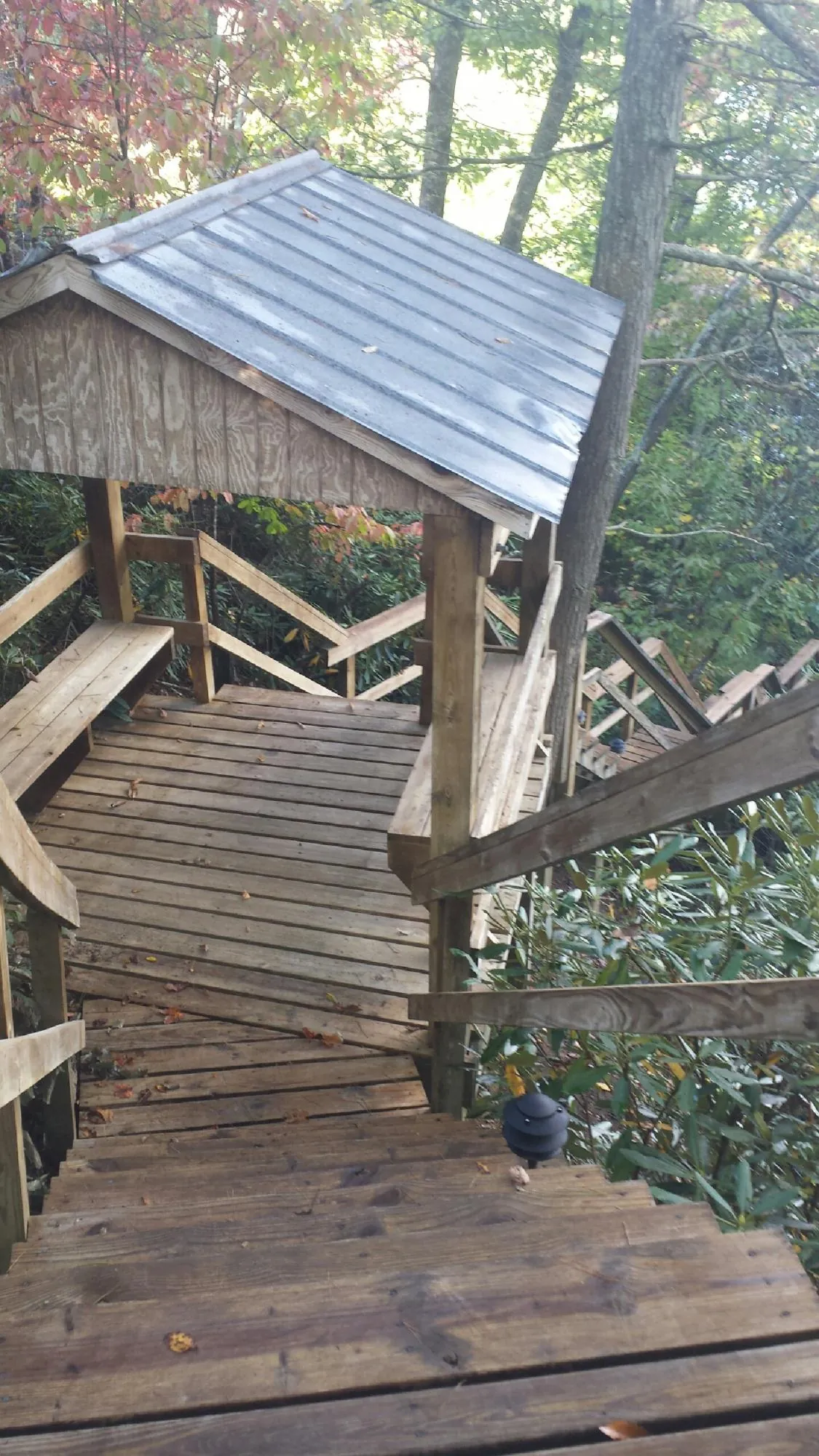 Metal roofed shelter over wooden steps on a wooded walkway — Skylight Repair & Installation work by our crew in Bellville